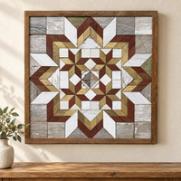 S1240 — Amish reclaimed wood barn quilt wall art, square rust-brown, metallic gold and white geometric flower and four inner stars, weathered gray blocks, displayed on an indoor wall above an oak console