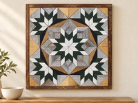 S716 — wooden barn quilt wall art, dark forest green and white layered central star with four corner partial stars, gray and natural wood details, and a white central star, shown on an indoor wall in a styled home display