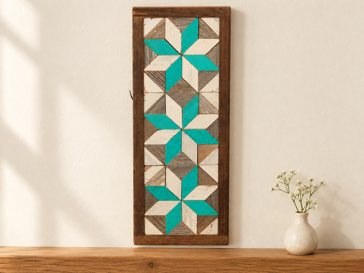 S1 — horizontal three-star wooden barn quilt wall art, three turquoise and ivory stars on weathered white and gray triangles, displayed on an indoor wall in a styled home