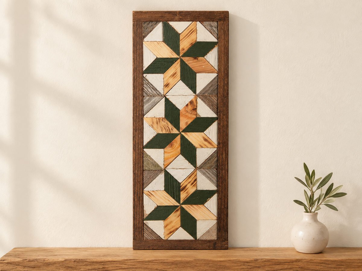 S14 — horizontal three-star wooden barn quilt wall art, three forest green and natural honey wood stars on weathered white and gray triangles, displayed on an indoor wall in a styled home