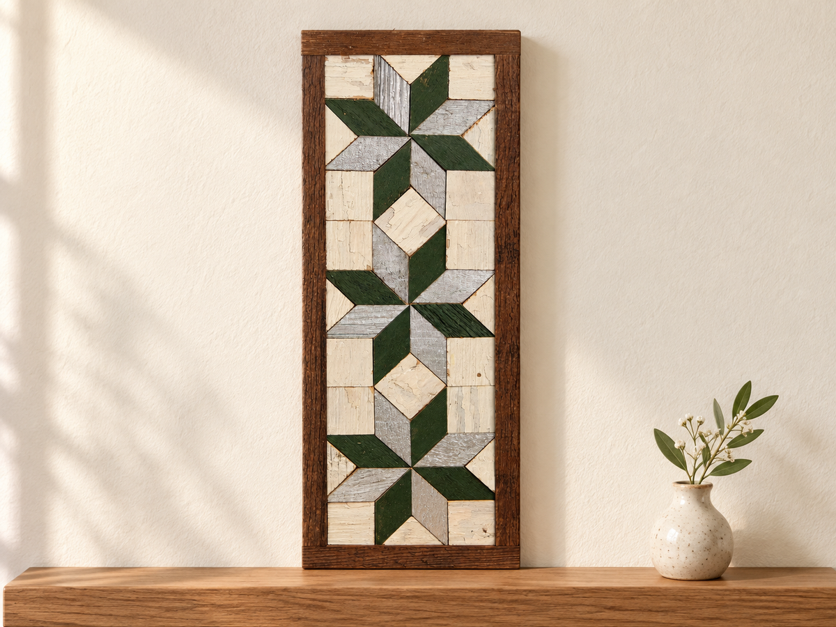 S15 — horizontal three-star wooden barn quilt wall art, three forest green and silver stars on ivory squares, displayed on an indoor wall in a styled home