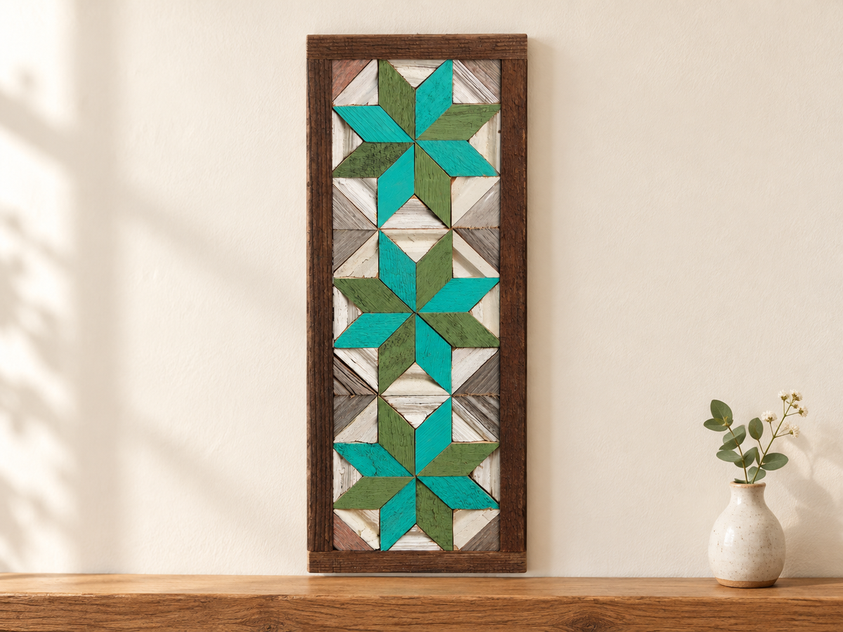 S16 — horizontal three-star wooden barn quilt wall art, three turquoise and light green stars on weathered white and gray triangles, displayed on an indoor wall in a styled home