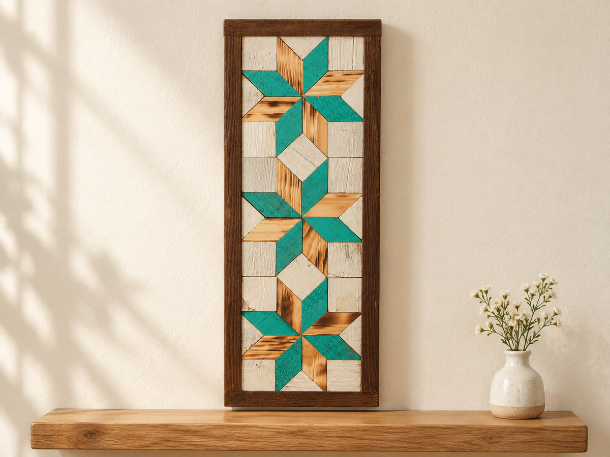 S17 — horizontal three-star wooden barn quilt wall art, three turquoise and natural honey wood stars on ivory squares, displayed on an indoor wall in a styled home
