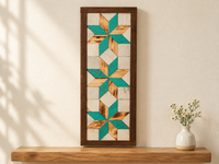 S17 — horizontal three-star wooden barn quilt wall art, three turquoise and natural honey wood stars on ivory squares, displayed on an indoor wall in a styled home
