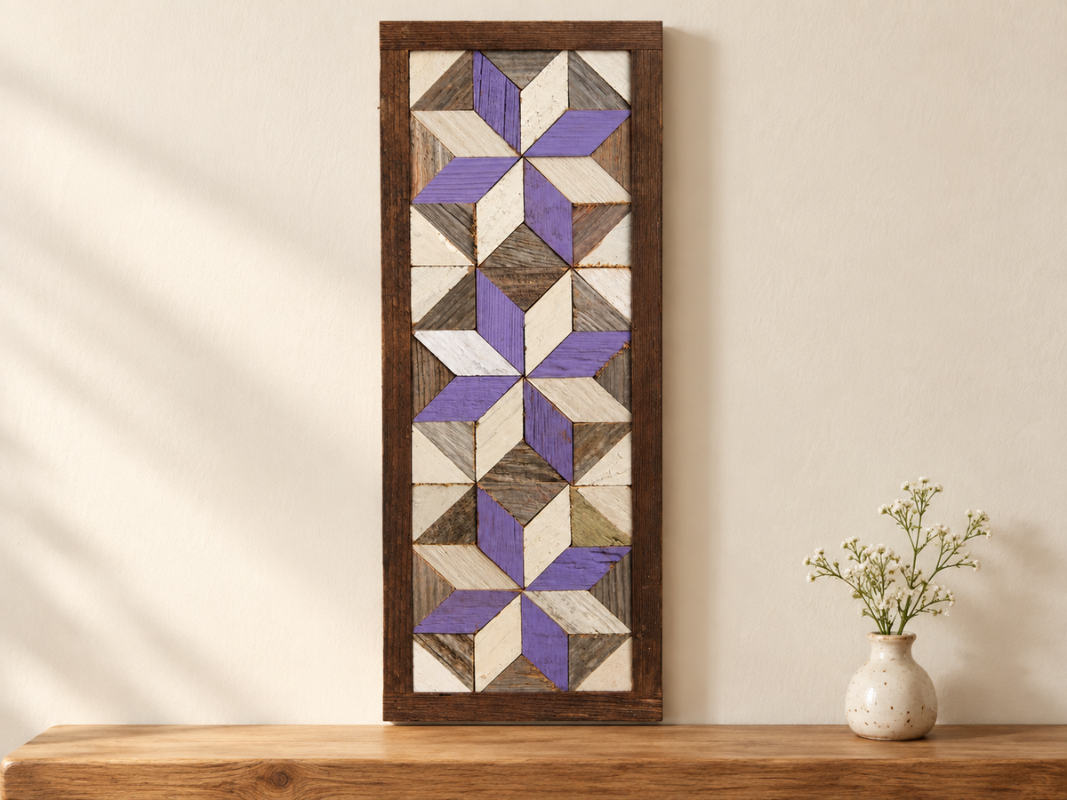 S18 — horizontal three-star wooden barn quilt wall art, three lavender and ivory stars on weathered white and gray triangles, displayed on an indoor wall in a styled home