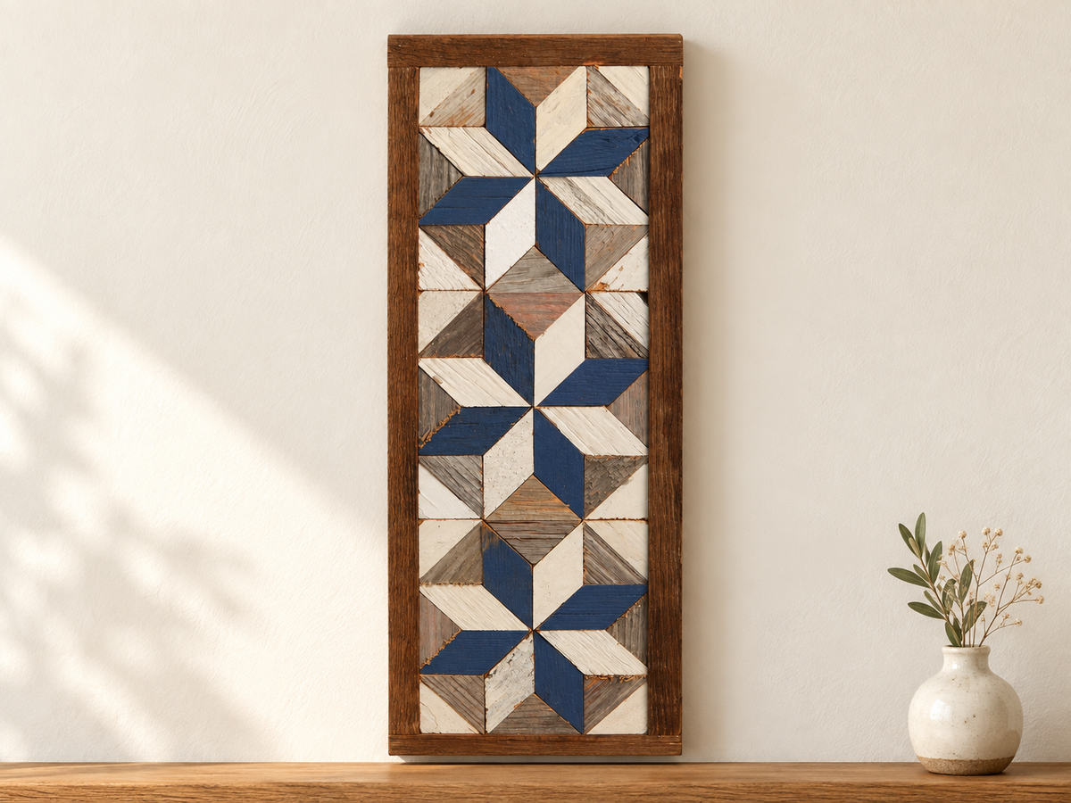 S2 — horizontal three-star wooden barn quilt wall art, three navy and ivory stars on weathered white and gray triangles, displayed on an indoor wall in a styled home