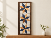 S4 — horizontal three-star wooden barn quilt wall art, three navy and natural honey wood stars on ivory squares, displayed on an indoor wall in a styled home