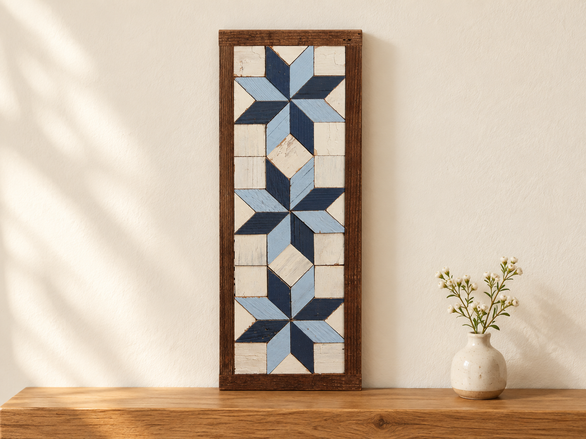 S5 — horizontal three-star wooden barn quilt wall art, three navy and light blue stars on ivory squares, displayed on an indoor wall in a styled home