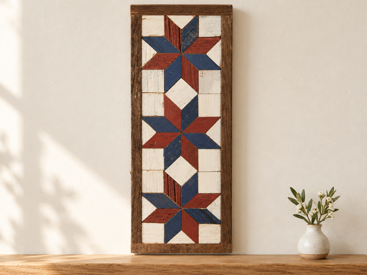 S6 — horizontal three-star wooden barn quilt wall art, three navy and brick red stars on ivory squares, displayed on an indoor wall in a styled home