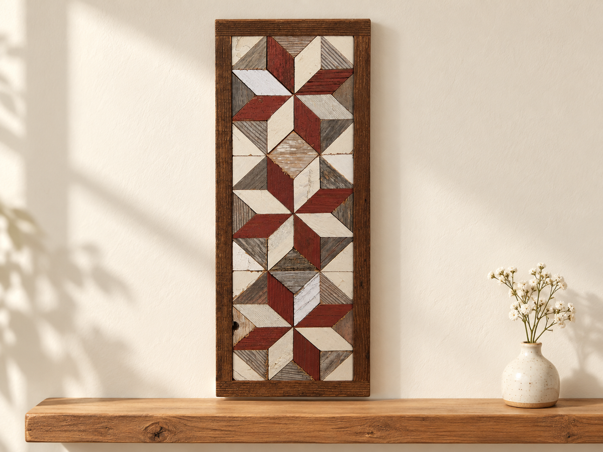 S7 — horizontal three-star wooden barn quilt wall art, three brick red and ivory stars on weathered white and gray triangles, displayed on an indoor wall in a styled home