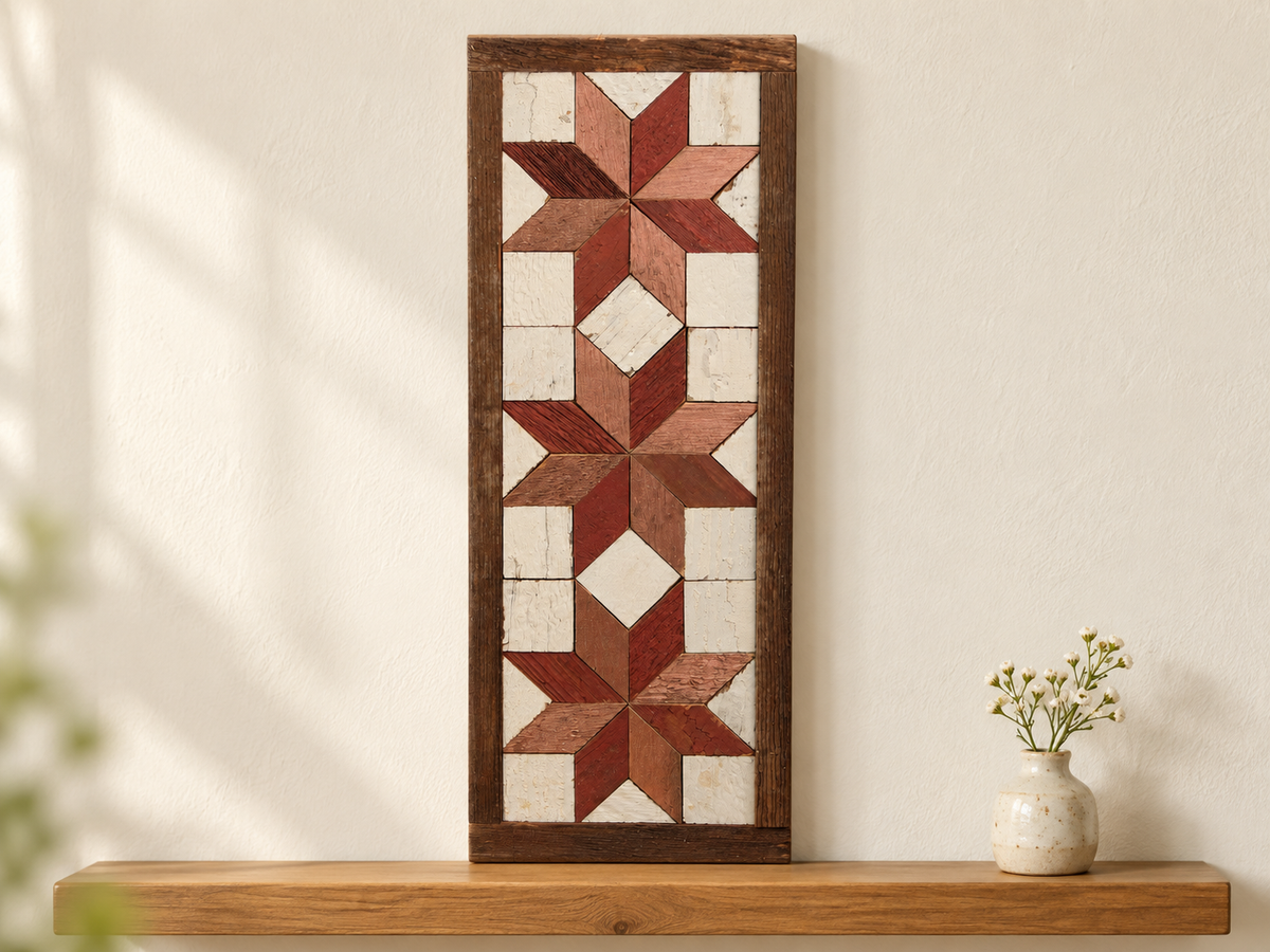 S8 — horizontal three-star wooden barn quilt wall art, three brick red and copper rose stars on ivory squares, displayed on an indoor wall in a styled home