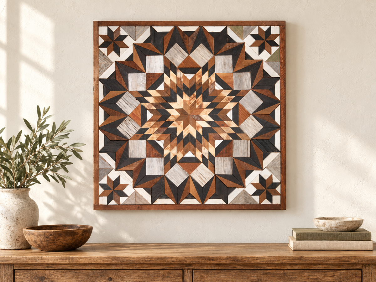 S1180 — 30.5 inch Amish reclaimed wood barn quilt, large natural wood and charcoal starburst flower with four brown-and-charcoal corner stars, displayed on an entryway wall above an oak console