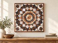 S1180 — 30.5 inch Amish reclaimed wood barn quilt, large natural wood and charcoal starburst flower with four brown-and-charcoal corner stars, displayed on an entryway wall above an oak console