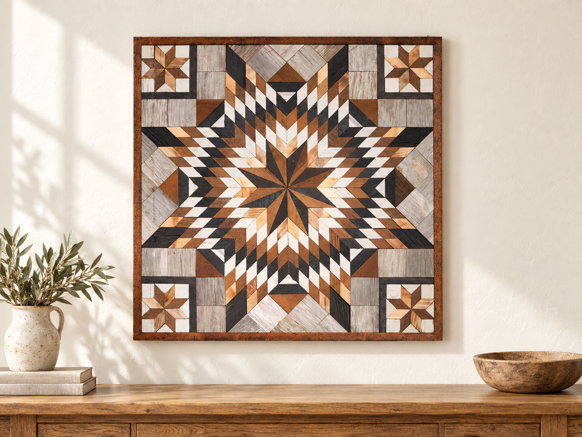 S1181 — 30.5 inch Amish reclaimed wood barn quilt, large natural wood, black and white layered starburst with four small natural wood corner stars, displayed on an entryway wall above an oak console
