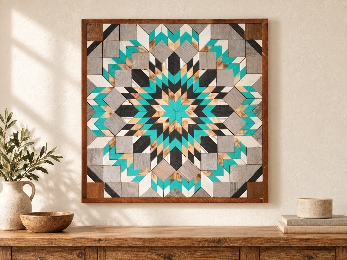 S1184 — 30.5 inch Amish reclaimed wood barn quilt, turquoise, black, gray, white and natural wood geometric starburst flower, displayed on an entryway wall above an oak console