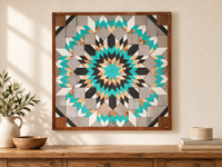 S1184 — 30.5 inch Amish reclaimed wood barn quilt, turquoise, black, gray, white and natural wood geometric starburst flower, displayed on an entryway wall above an oak console