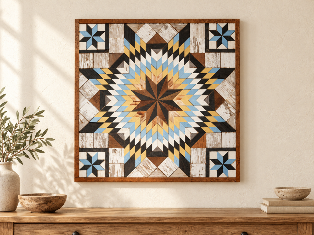 S1186 — 30.5 inch Amish reclaimed wood barn quilt, pale blue, yellow, black, white and natural wood layered starburst with four pale blue-and-black corner stars, displayed on an entryway wall above an oak console