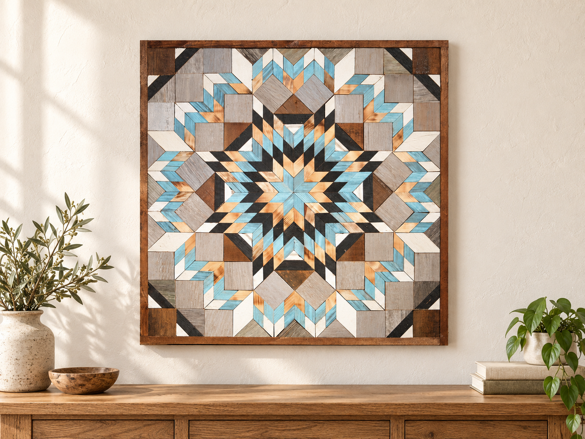 S1188 — 30.5 inch Amish reclaimed wood barn quilt, pale turquoise blue, black, gray, white and natural wood geometric starburst flower, displayed on an entryway wall above an oak console