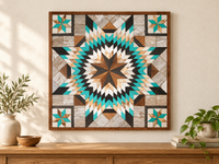S1189 — 30.5 inch Amish reclaimed wood barn quilt, bright turquoise, charcoal, whitewashed and natural wood layered starburst with four turquoise-and-natural corner stars, displayed on an entryway wall above an oak console