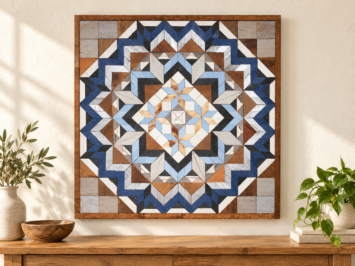 S1193 — wooden barn quilt wall art, navy, light blue, charcoal, silver-gray, white and natural wood geometric flower surrounding a four-star diamond center, shown on an indoor wall in a styled home display