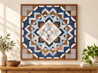 S1193 — wooden barn quilt wall art, navy, light blue, charcoal, silver-gray, white and natural wood geometric flower surrounding a four-star diamond center, shown on an indoor wall in a styled home display