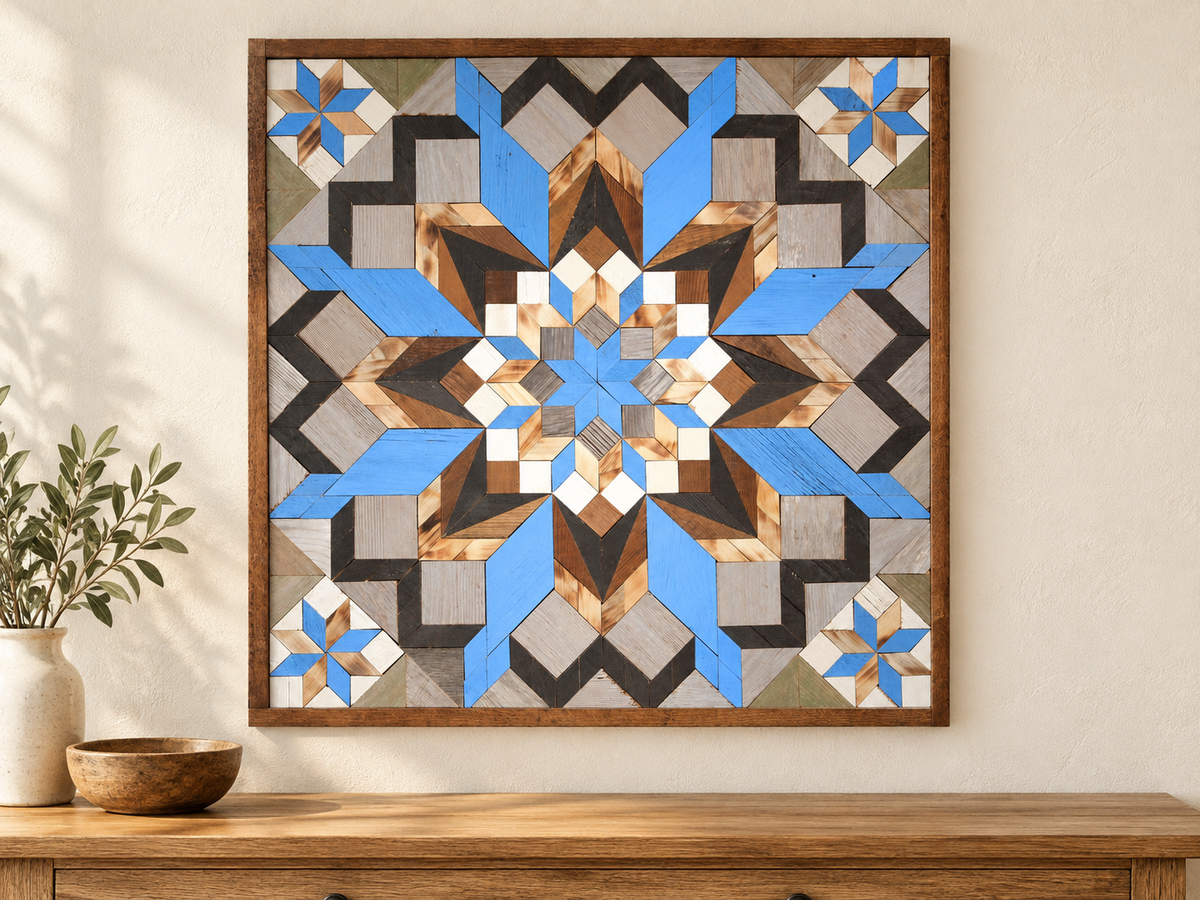 S1194 — wooden barn quilt wall art, bright blue, gray, charcoal and natural wood geometric flower with four blue-and-wood corner stars, shown on an indoor wall in a styled home display