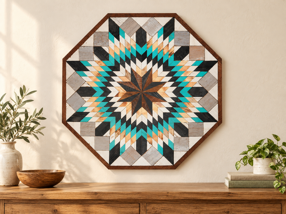 S1197 — wooden barn quilt wall art, an OCTAGONAL eight-sided turquoise, black, white, gray and natural wood layered starburst; preserve its eight-sided frame exactly, never make it square, shown on an indoor wall in a styled home display