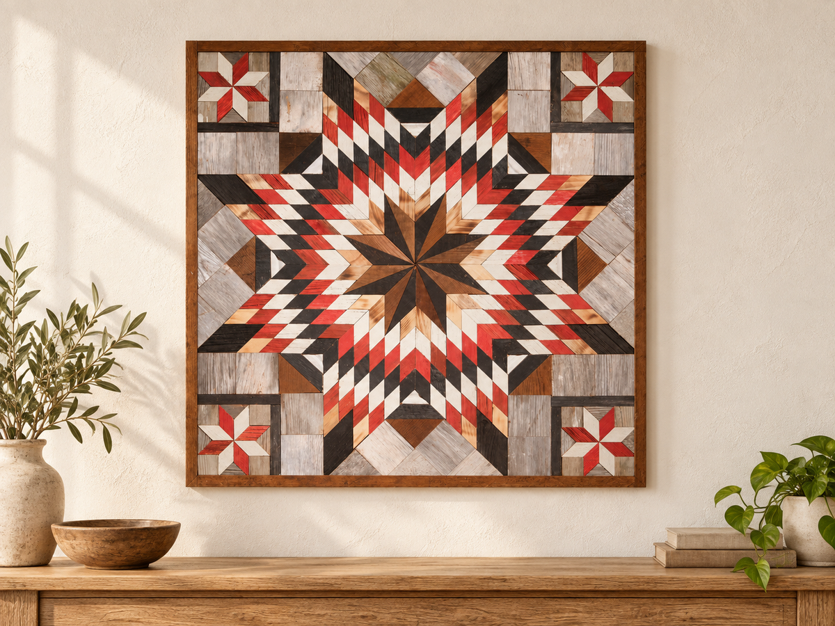 S1199 — wooden barn quilt wall art, red, black, white, gray and natural wood layered starburst with four red-and-white corner stars, shown on an indoor wall in a styled home display