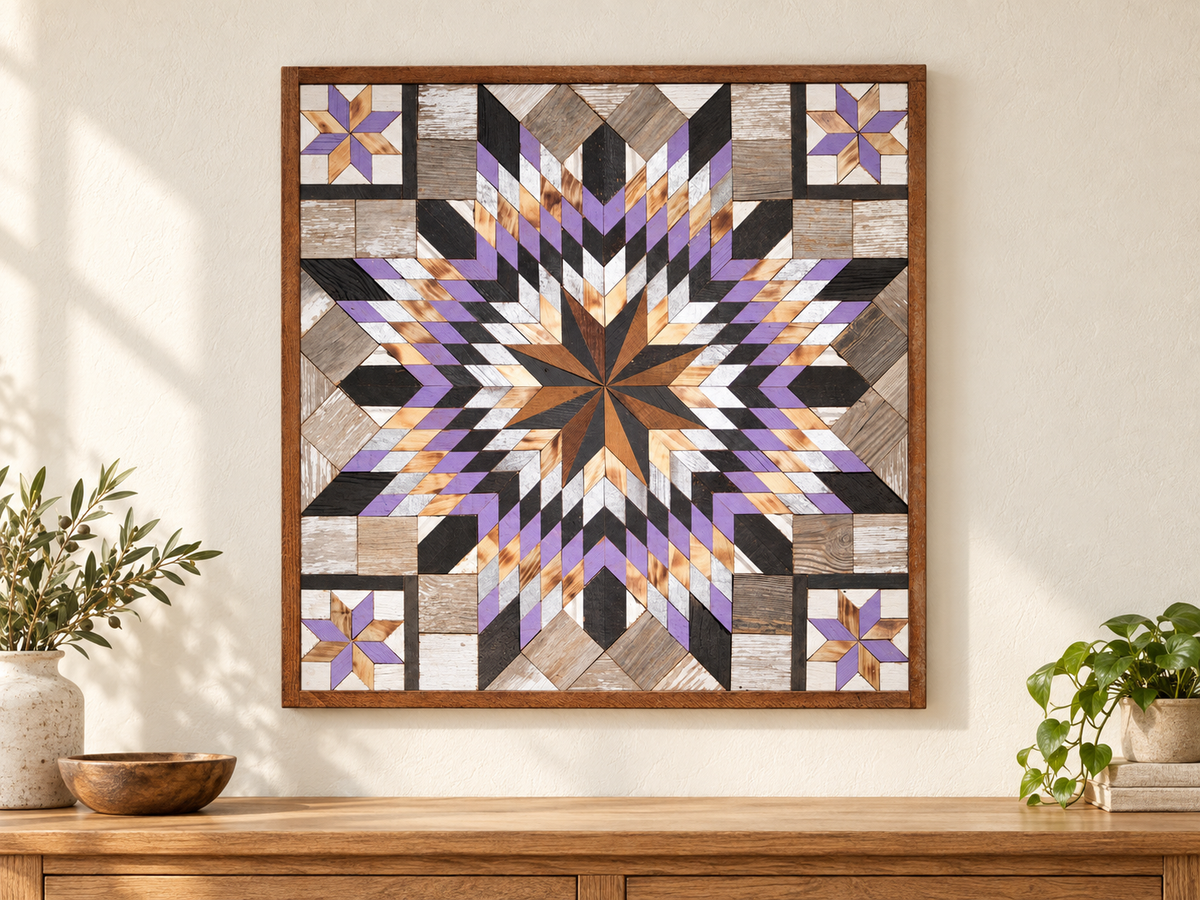 S1200 — wooden barn quilt wall art, lavender, black, silver, whitewashed and natural wood layered starburst with four lavender-and-wood corner stars, shown on an indoor wall in a styled home display