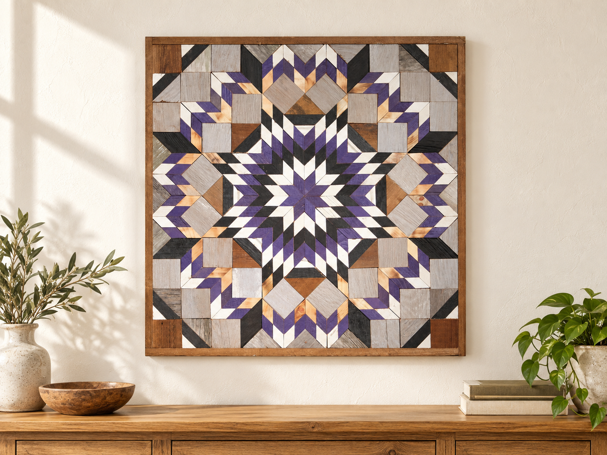 S1201 — wooden barn quilt wall art, purple, black, white, gray and natural wood geometric starburst flower, shown on an indoor wall in a styled home display