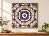 S1201 — wooden barn quilt wall art, purple, black, white, gray and natural wood geometric starburst flower, shown on an indoor wall in a styled home display