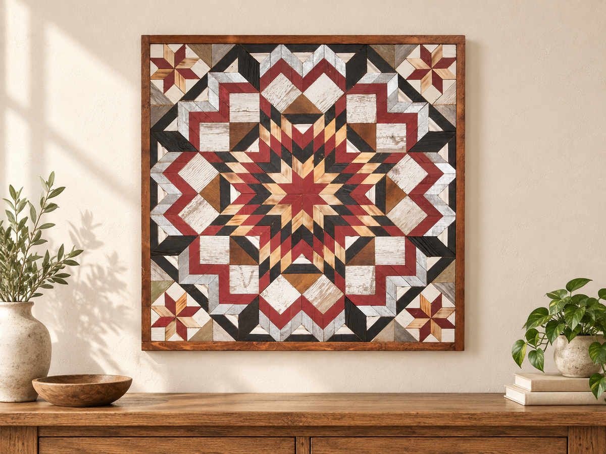 S1202 — wooden barn quilt wall art, burgundy, black, silver, whitewashed and natural wood geometric starburst flower with four burgundy-and-wood corner stars, shown on an indoor wall in a styled home display