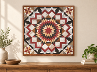 S1202 — wooden barn quilt wall art, burgundy, black, silver, whitewashed and natural wood geometric starburst flower with four burgundy-and-wood corner stars, shown on an indoor wall in a styled home display