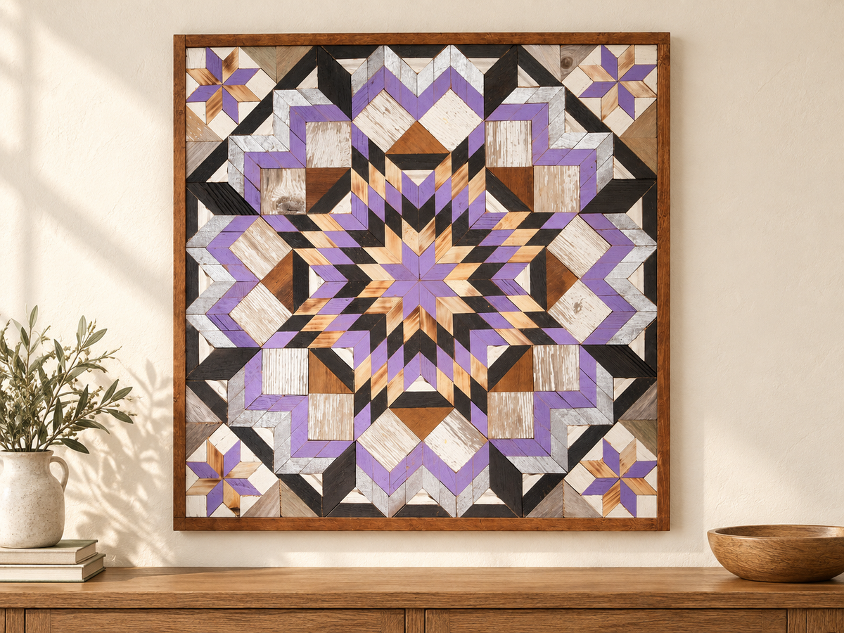 S1203 — wooden barn quilt wall art, lavender, black, silver, whitewashed and natural wood geometric starburst flower with four lavender-and-wood corner stars, shown on an indoor wall in a styled home display
