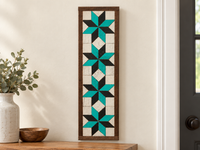 S10 — vertical four-star wooden barn quilt wall art, four turquoise and black stars on ivory squares, displayed beside an entryway
