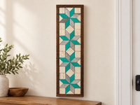 S11 — vertical four-star wooden barn quilt wall art, four turquoise and silver-gray stars on ivory squares, displayed beside an entryway