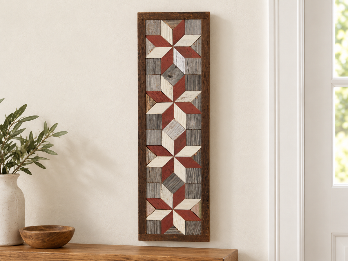 S12 — vertical four-star wooden barn quilt wall art, four brick-red and ivory stars on gray squares, displayed beside an entryway