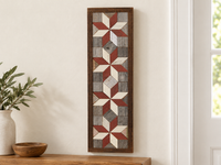 S12 — vertical four-star wooden barn quilt wall art, four brick-red and ivory stars on gray squares, displayed beside an entryway