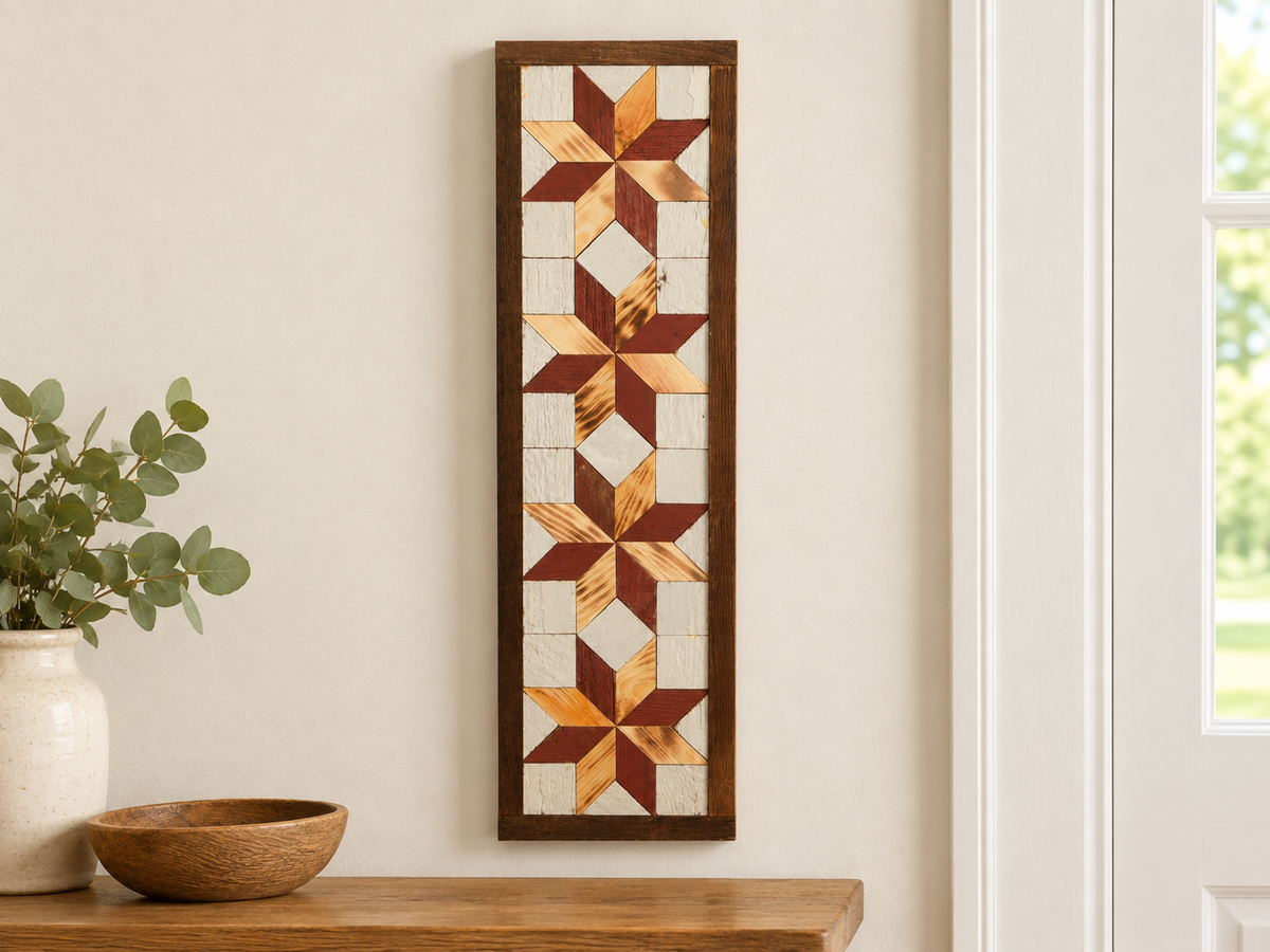 S13 — vertical four-star wooden barn quilt wall art, four brick-red and honey wood stars on ivory squares, displayed beside an entryway