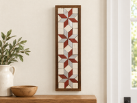 S14 — vertical four-star wooden barn quilt wall art, four brick-red and silver-gray stars on ivory squares, displayed beside an entryway