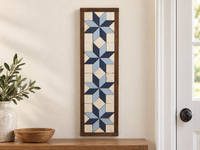 S15 — vertical four-star wooden barn quilt wall art, four navy and light-blue stars on ivory squares, displayed beside an entryway