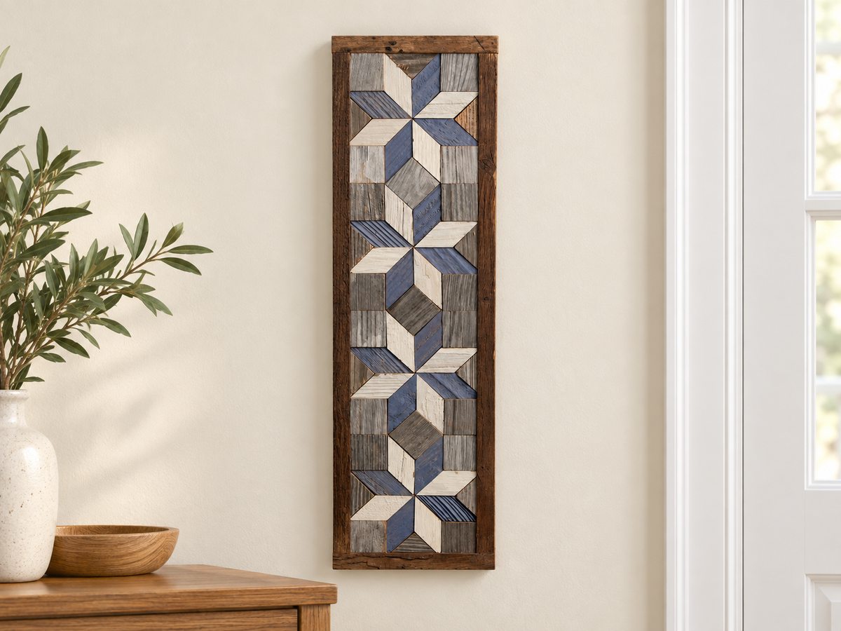 S16 — vertical four-star wooden barn quilt wall art, four slate-blue and ivory stars on weathered gray squares, displayed beside an entryway
