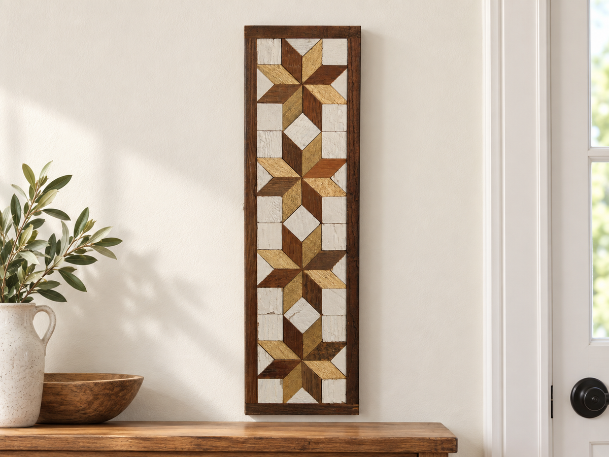 S2 — horizontal four-star wooden barn quilt wall art, four gold and brown stars on ivory squares, displayed on an indoor wall in a styled home