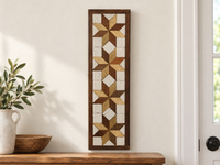 S2 — horizontal four-star wooden barn quilt wall art, four gold and brown stars on ivory squares, displayed on an indoor wall in a styled home