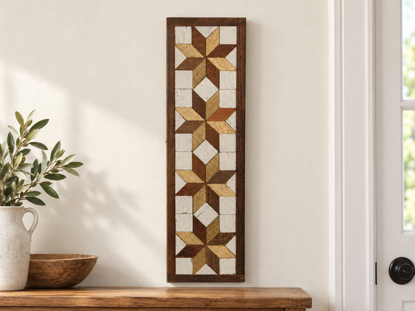 S2 — horizontal four-star wooden barn quilt wall art, four gold and brown stars on ivory squares, displayed on an indoor wall in a styled home