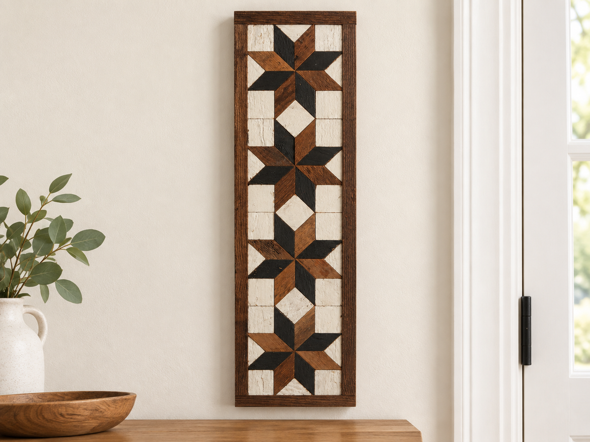 S3 — horizontal four-star wooden barn quilt wall art, four charcoal and brown stars on ivory squares, displayed on an indoor wall in a styled home