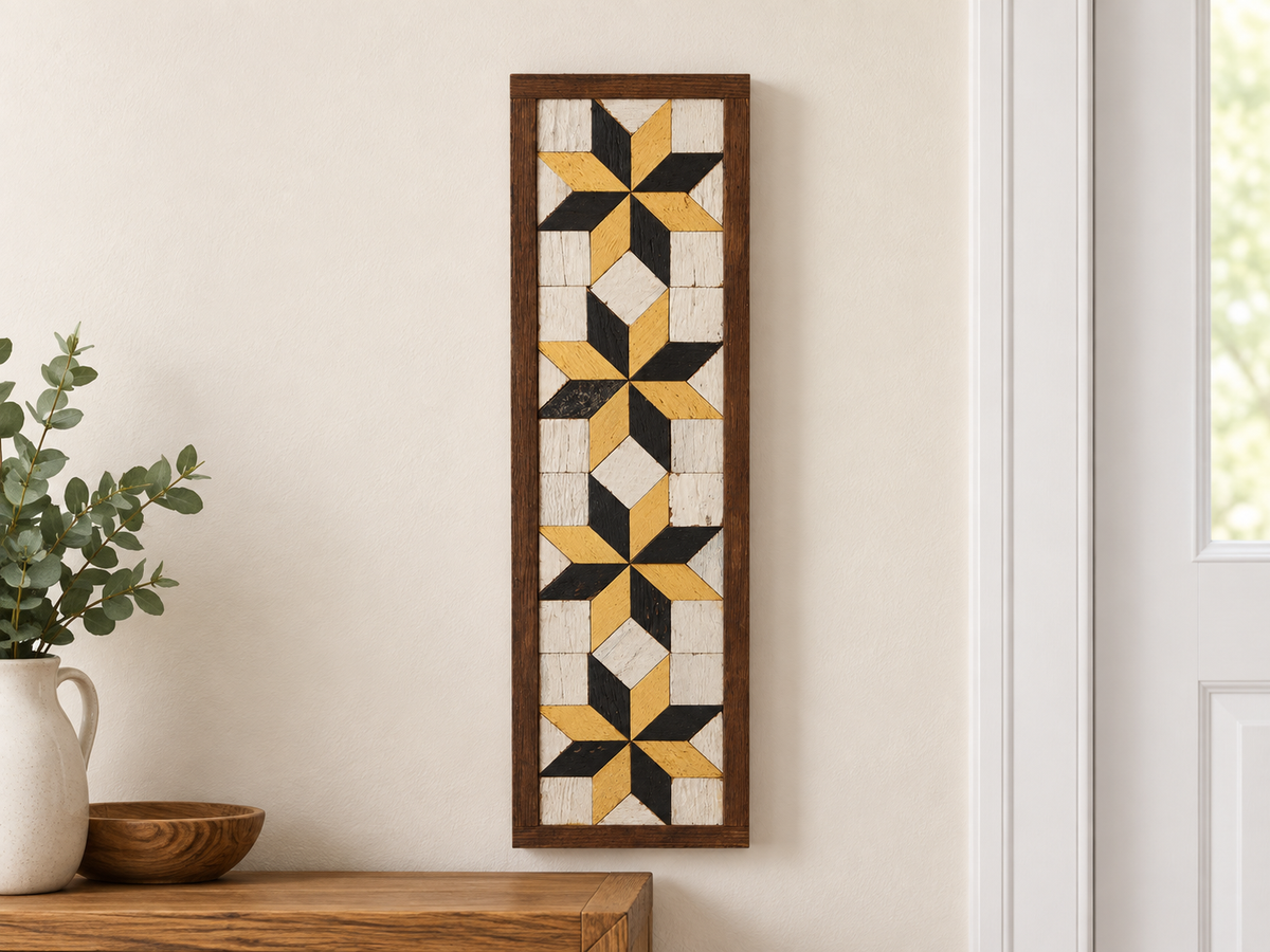 S4 — horizontal four-star wooden barn quilt wall art, four yellow and charcoal stars on ivory squares, displayed on an indoor wall in a styled home