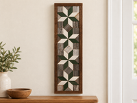 S7 — horizontal four-star wooden barn quilt wall art, four forest green and white stars on weathered gray squares, displayed on an indoor wall in a styled home