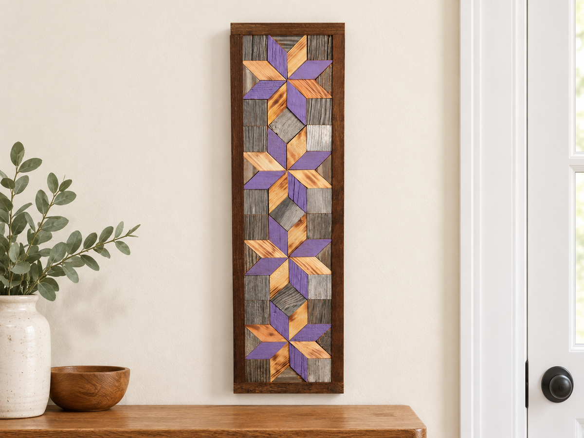 S8 — horizontal four-star wooden barn quilt wall art, four lavender and natural honey wood stars on weathered gray squares, displayed on an indoor wall in a styled home