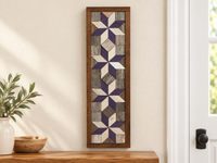 S9 — horizontal four-star wooden barn quilt wall art, four deep purple and white stars on weathered gray squares, displayed on an indoor wall in a styled home